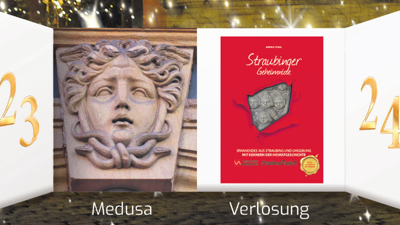 Die Medusa h&auml;ngt am Eingangsportal der Kaufm&auml;nnischen Berufsschule im Stadtgraben 54.