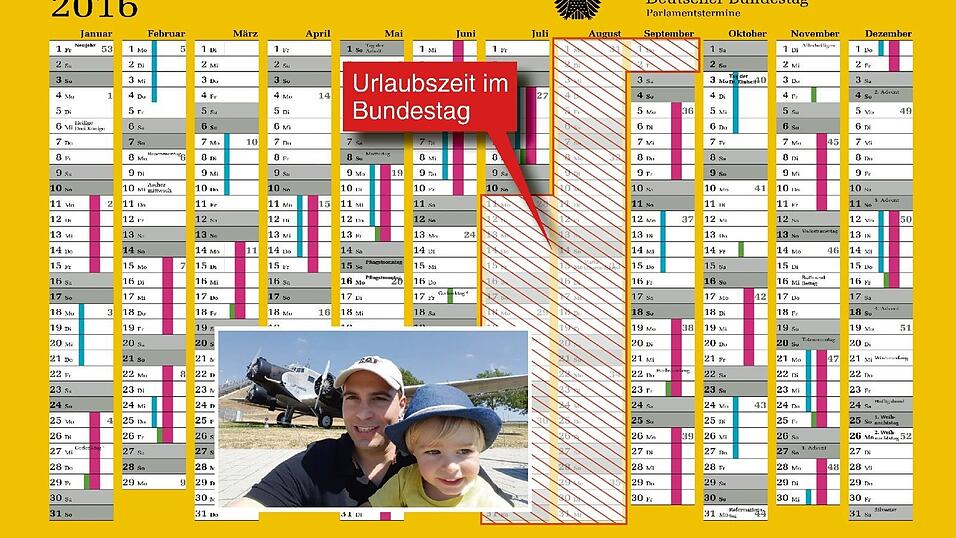 So sieht der Sitzungskalender des Bundestags aus: Von Mitte Juli bis Anfang September ist er leer. Die Arbeit im Wahlkreis läuft jedoch weiter - wenn auch auf Sparflamme. Dennoch bleiben Abgeordneten wie Florian Oßner auch einige Tage für Unternehmungen mit der Familie (kleines Bild). So sieht der Sitzungskalender des Bundestags aus: Von Mitte Juli bis Anfang September ist er leer. Die Arbeit im Wahlkreis läuft jedoch weiter - wenn auch auf Sparflamme. Dennoch bleiben Abgeordneten wie Florian Oßner auch einige Tage für Unternehmungen mit der Familie (kleines Bild).