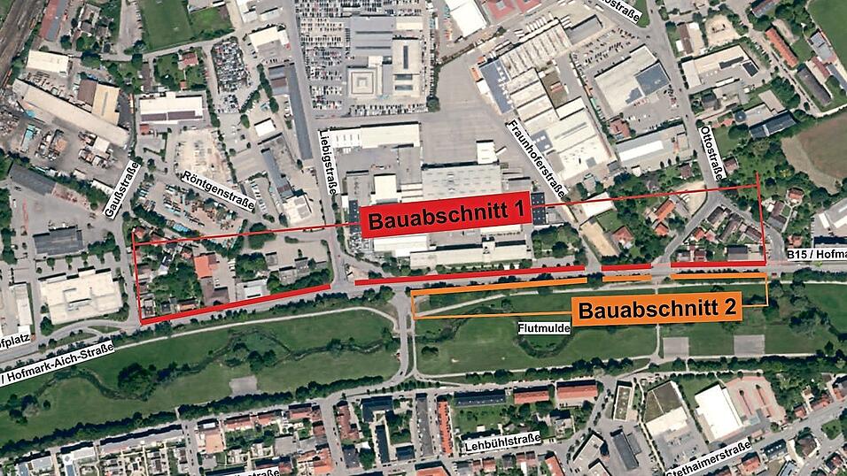 In diesem Bereich der Hofmark-Aich-Straße stehen ab Montag die Modernisierungsarbeiten für dieses Jahr an. In Bauphase 2 ab etwa Mitte Oktober ist der eingezeichnete Bauabschnitt 2 vollgesperrt. In diesem Bereich der Hofmark-Aich-Straße stehen ab Montag die Modernisierungsarbeiten für dieses Jahr an. In Bauphase 2 ab etwa Mitte Oktober ist der eingezeichnete Bauabschnitt 2 vollgesperrt.