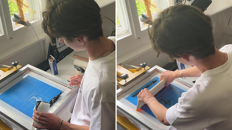 2. Drucken: Jetzt kommt Farbe ins Spiel. Julius druckt mit einer wasserbasierten, „weil die am besten im Textil greift und bestehen bleibt“. Mit einem Holzstäbchen verteilt der 17-Jährige die Farbe über dem Motiv auf dem Sieb. Wichtig: nicht sparen, sonst kann es passieren, dass die Farbe später nicht deckend ist. Mit einer Rakel – einem Holzstück mit einer Gummikante – flutet Julius anschließend das Sieb, indem er die Farbe nach unten über das Motiv streicht. Dann senkt er das Sieb auf das T-Shirt ab und schiebt bei gleichmäßigem Druck die Rakel mit der Farbe mehrfach über das Sieb, sodass diese auf dem T-Shirt landet.