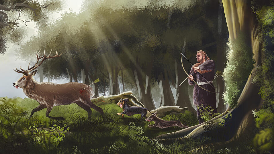 Hunde waren f&uuml;r die Jagd in den W&auml;ldern um das heutige Landshut unerl&auml;sslich. Sie nahmen F&auml;hrte auf und brachten den Menschen zur Beute. Eine fiktive steinzeitliche Jagdszene stellt sich LZ-Illustratorin Laura Niederbruckner so vor.