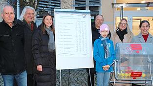 Schlussakkord zur gro&szlig;en Mainburger Weihnachtsverlosung: Das sind die Gl&uuml;ckszahlen, die Edmund Hohmann vom TSV, zust&auml;ndig f&uuml;r die Abwicklung der Lotterie, Moderator Bernd Friebe und Sabrina Liebmann vom TSV (v.l.) zusammen mit Gl&uuml;cksfee Nelly, den Vertretern der Werbegemeinschaft, Johannes Beck und Elisabeth Stadler, mit Sandra Esztolyka (rechts) pr&auml;sentierte.