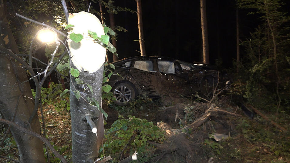 Schrecklicher Unfall in der Nacht auf Mittwoch in einem Waldst&uuml;ck bei Heinsacker (Kreis Regensburg). Die beiden Autowracks wurden von den Einsatzkr&auml;ften im Unterholz gefunden.