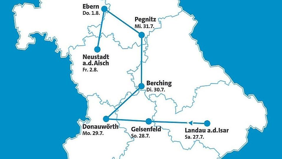 Insgesamt hat die Strecke der BR-Radltour dieses Jahr von Landau bis Neustadt an der Aisch eine Länge von etwa 570 Kilometern.