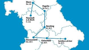 Insgesamt hat die Strecke der BR-Radltour dieses Jahr von Landau bis Neustadt an der Aisch eine Länge von etwa 570 Kilometern. Insgesamt hat die Strecke der BR-Radltour dieses Jahr von Landau bis Neustadt an der Aisch eine Länge von etwa 570 Kilometern.