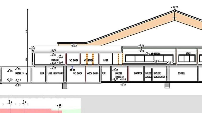 Der Schnitt B-B zeigt die Ansicht von der Isar-Wald-Stadion-Seite her: Im linken Bereich ist der Erweiterungsbau für neue beziehungsweise zusätzliche Kabinen zu erkennen, der teilweise in den Hang gebaut wird. Gegen ein Abrutschen des Hanges werden - vergleichbar mit der Großbaustelle am Herrenweiher - Bohrpfähle in das Erdreich eingearbeitet.