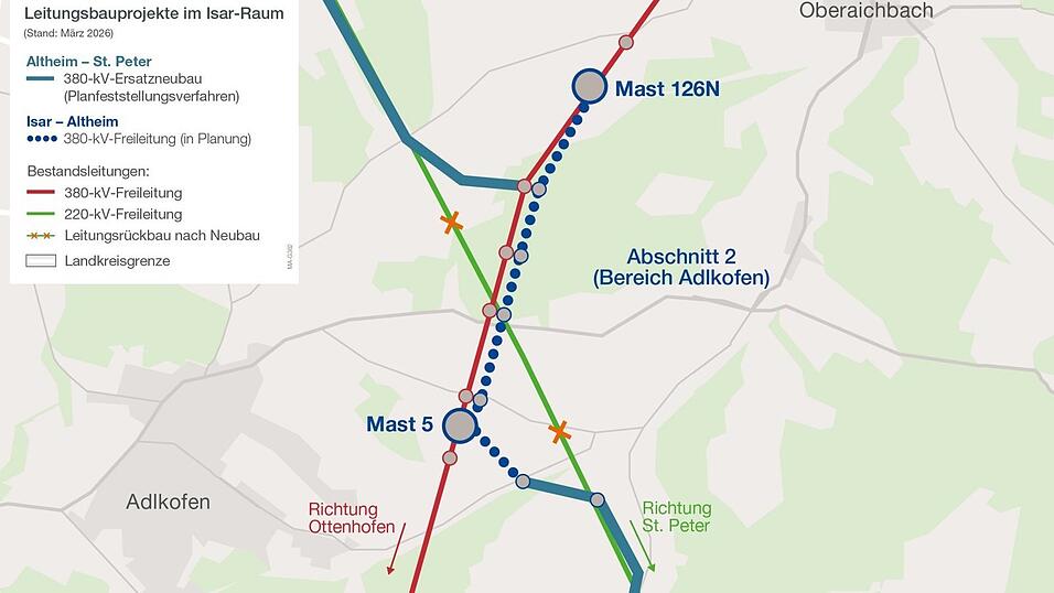 Tennets Pl&auml;ne f&uuml;r die neue Trasse bei Adlkofen.
