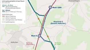 Tennets Pl&auml;ne f&uuml;r die neue Trasse bei Adlkofen.