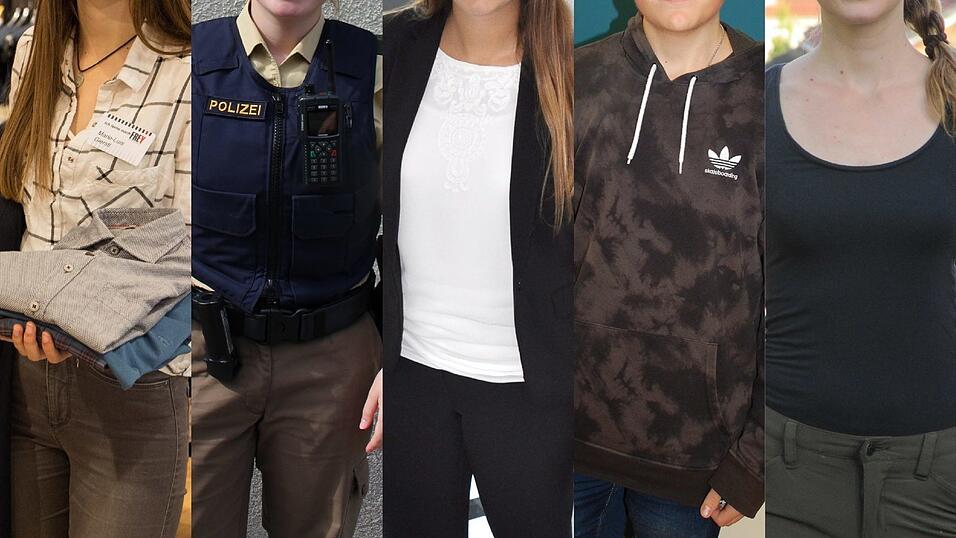 Fünf Auszubildende, die ganz unterschiedliche Dresscodes in der Arbeit haben. Fünf Auszubildende, die ganz unterschiedliche Dresscodes in der Arbeit haben.