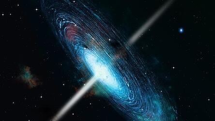 Die Illustration eines Pulsars, eines schnell rotierenden, stark magnetisierten Neutronensterns. 