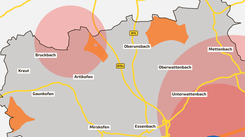 Von den urspr&uuml;nglich drei m&ouml;glichen Windkraftfl&auml;chen (orange) verbleiben nach Abgleich mit den Dichtezentren kollisionsgef&auml;hrdeter Arten (rote Kreise) nur noch die bei Gaunkofen und die bei Oberwattenbach.