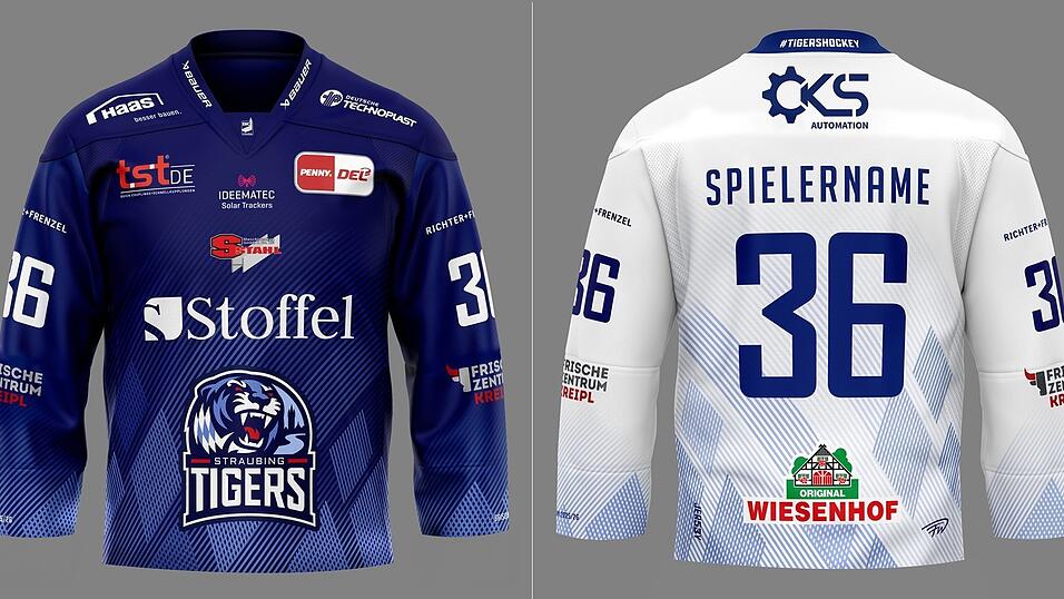 Die Farben bleiben natürlich dieselben, nur das Design wurde in ein paar Nuancen verändert: das Heim- (links, Vorderseite) und das Auswärtstrikot (Rückseite) der Straubing Tigers für die Saison 2025/26.