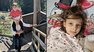 Mehrere Wochen musste Valentina im Krankenhaus behandelt werden (rechts). Inzwischen hat sich der Gesundheitszustand der Elfj&auml;hrigen stabilisiert. Und wenn ihre Kr&auml;fte schwinden, dann ist stets Papa Michael zur Stelle (links).