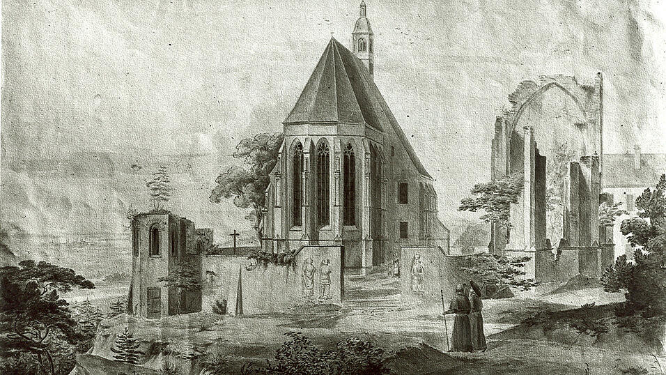 Ausschnitt einer Zeichnung, die etwa 1832 entstanden sein soll: Von der einstigen Kapelle, die unweit der Wallfahrtskirche stand, war damals noch ein Gew&ouml;lbebogen zu sehen.
