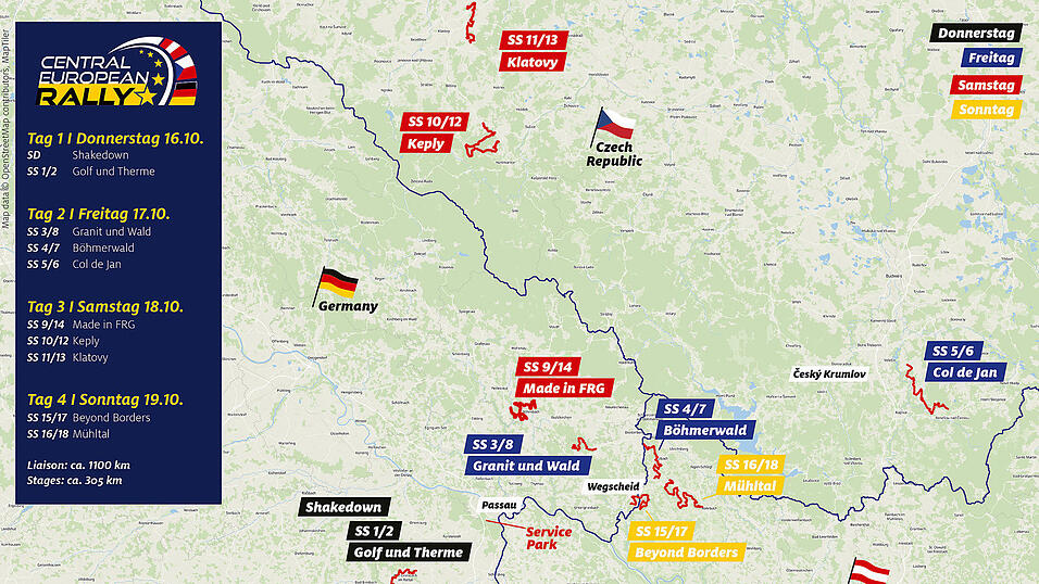 Die Central European Rally führt von Donnerstag bis Sonntag durch Deutschland, Österreich und Tschechien. Die Central European Rally führt von Donnerstag bis Sonntag durch Deutschland, Österreich und Tschechien.