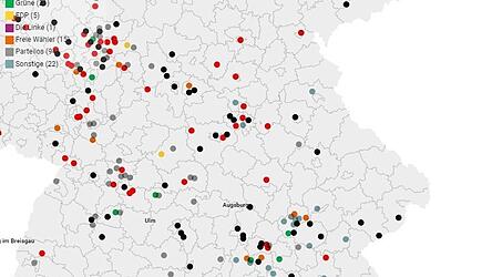 391 deutsche Städte, Gemeinden und Landkreise unterstützen die Initiative nach eigenen Angaben. Ostbayern ist dabei eher noch ein weißer Fleck. Die Punkte symbolisieren verschiedene Parteizugehörigkeit der jeweils regierenden Bürgermeister