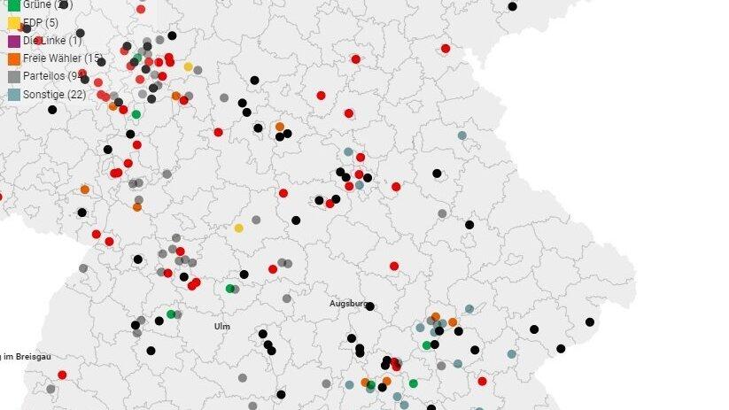 391 deutsche Städte, Gemeinden und Landkreise unterstützen die Initiative nach eigenen Angaben. Ostbayern ist dabei eher noch ein weißer Fleck. Die Punkte symbolisieren verschiedene Parteizugehörigkeit der jeweils regierenden Bürgermeister 391 deutsche Städte, Gemeinden und Landkreise unterstützen die Initiative nach eigenen Angaben. Ostbayern ist dabei eher noch ein weißer Fleck. Die Punkte symbolisieren verschiedene Parteizugehörigkeit der jeweils regierenden Bürgermeister