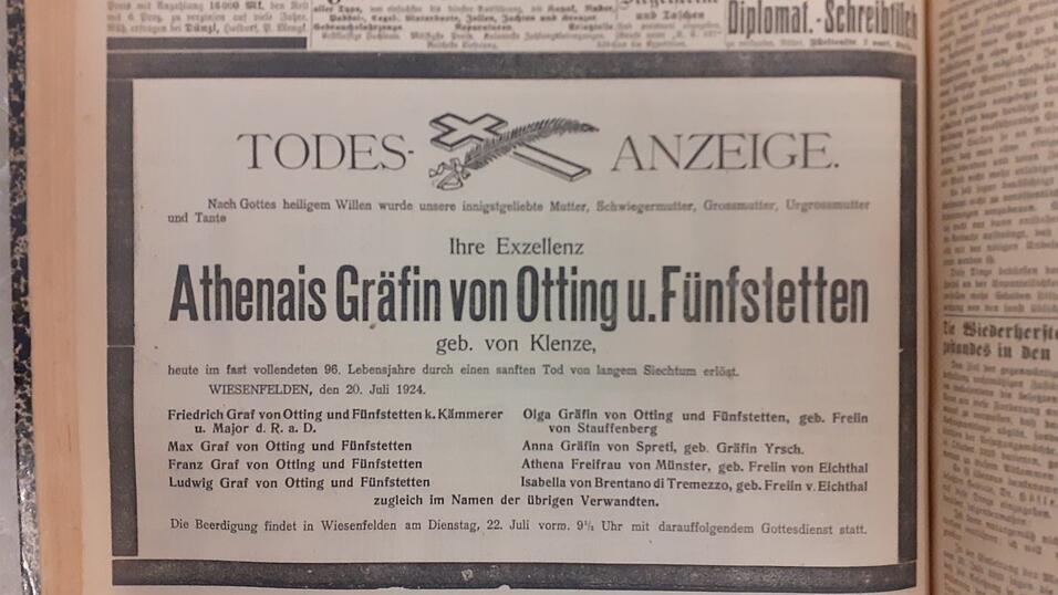 Die Todesanzeige von Athenais Gr&auml;fin von Otting und F&uuml;nfstetten