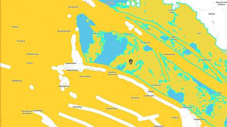 Die blauen Flächen zeigen die Gebiete, die für die Einrichtung eines Endlagers noch zur Diskussion stehen. Der schwarze Punkt zeigt Wiesenfelden. Äußere Bereiche des Gemeindegebiets fallen unter die blau unterlegten Flächen.