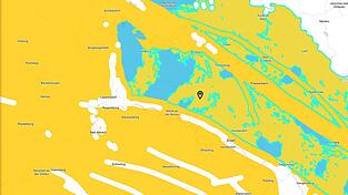 Die blauen Flächen zeigen die Gebiete, die für die Einrichtung eines Endlagers noch zur Diskussion stehen. Der schwarze Punkt zeigt Wiesenfelden. Äußere Bereiche des Gemeindegebiets fallen unter die blau unterlegten Flächen.