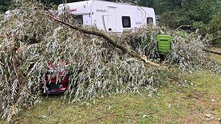 Ein umgestürzter Baum begrub auf dem Gelände des Isarcampings ein geparktes Auto teilweise unter sich und traf auch einen Campingwagen. Verletzt wurde nach Angaben des Betreibers niemand. Ein umgestürzter Baum begrub auf dem Gelände des Isarcampings ein geparktes Auto teilweise unter sich und traf auch einen Campingwagen. Verletzt wurde nach Angaben des Betreibers niemand.
