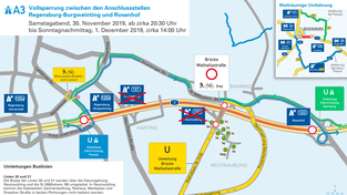 Am Wochenende ist die A 3 im rotgestrichelten Bereich gesperrt. Die Umleitungen über die Staatsstraße 2.660 sind blau und grün eingezeichnet. Am Wochenende ist die A 3 im rotgestrichelten Bereich gesperrt. Die Umleitungen über die Staatsstraße 2.660 sind blau und grün eingezeichnet.