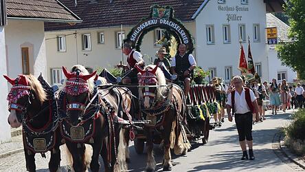 An der Zugspitze ein Pferdegespann, das den Festwagen der Schlossbrauerei Drachselsried zieht.