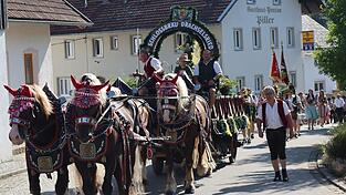 An der Zugspitze ein Pferdegespann, das den Festwagen der Schlossbrauerei Drachselsried zieht.
