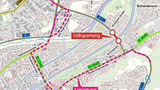 Die Umleitungskarte w&auml;hrend der n&auml;chtlichen Sperrung der Konrad-Adenauer-Stra&szlig;e.