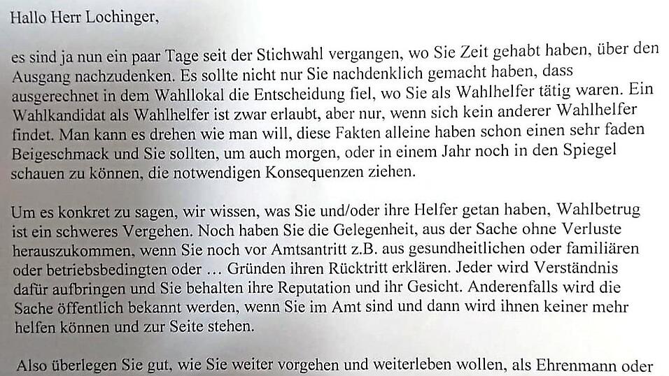Diesen ausgedruckten Brief hat Bernhard Lochinger in seinem Postkasten frankiert und in einem Umschlag vorgefunden.
