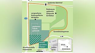 Drei Millionen Quadratmeter beträgt die gesamte Fläche. Eine Million soll zunächst mit Fabrik und Straßen zugebaut werden. 