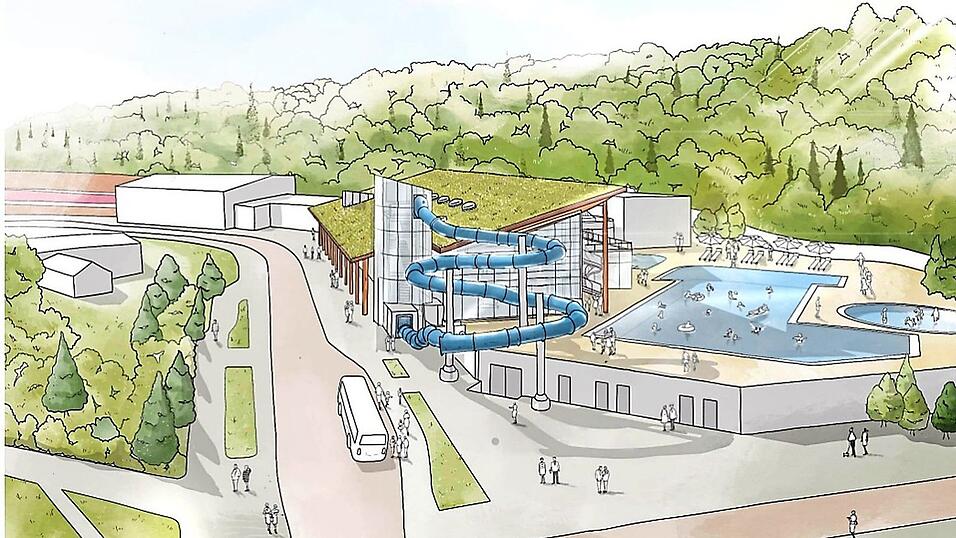 Die Visualisierung des Architekturbüros Leinhäupl + Neuber aus Landshut zeigt den markanten Rutschenturm mit Rutsche sowie die begrünte Dachfläche. Die Visualisierung des Architekturbüros Leinhäupl + Neuber aus Landshut zeigt den markanten Rutschenturm mit Rutsche sowie die begrünte Dachfläche.