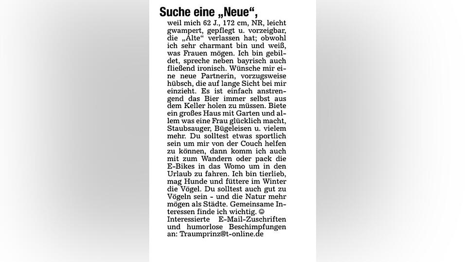 Diese Kontaktanzeige in unserer Tageszeitung stie&szlig; auf &uuml;berw&auml;ltigende Resonanz.