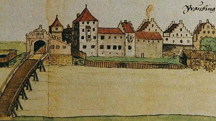 Herzogsschloss, Federzeichnung von Michael Eresinger (Ausschnitt), 1577. Herzogsschloss, Federzeichnung von Michael Eresinger (Ausschnitt), 1577.