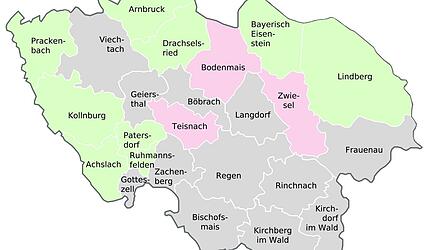 In den gr&uuml;n markierten Gemeinden gibt es einen nur einen B&uuml;rgermesiterkandidaten. In den roten wird kein neuer B&uuml;rgermeister gew&auml;hlt.