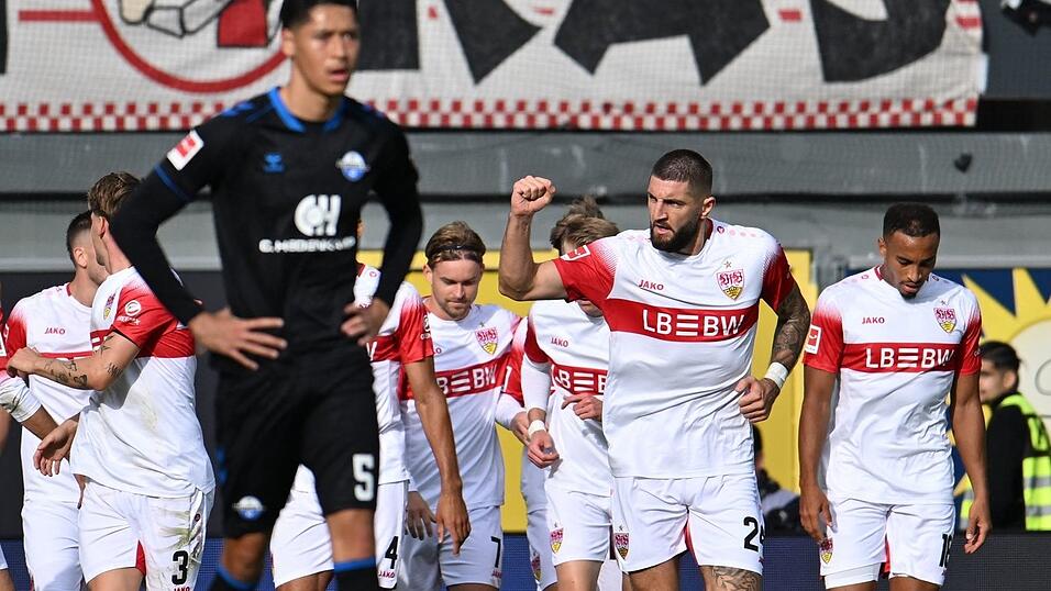 Jubel beim VfB Stuttgart: Jeff Chabot brachte die Schwaben in Paderborn in Führung. Jubel beim VfB Stuttgart: Jeff Chabot brachte die Schwaben in Paderborn in Führung.