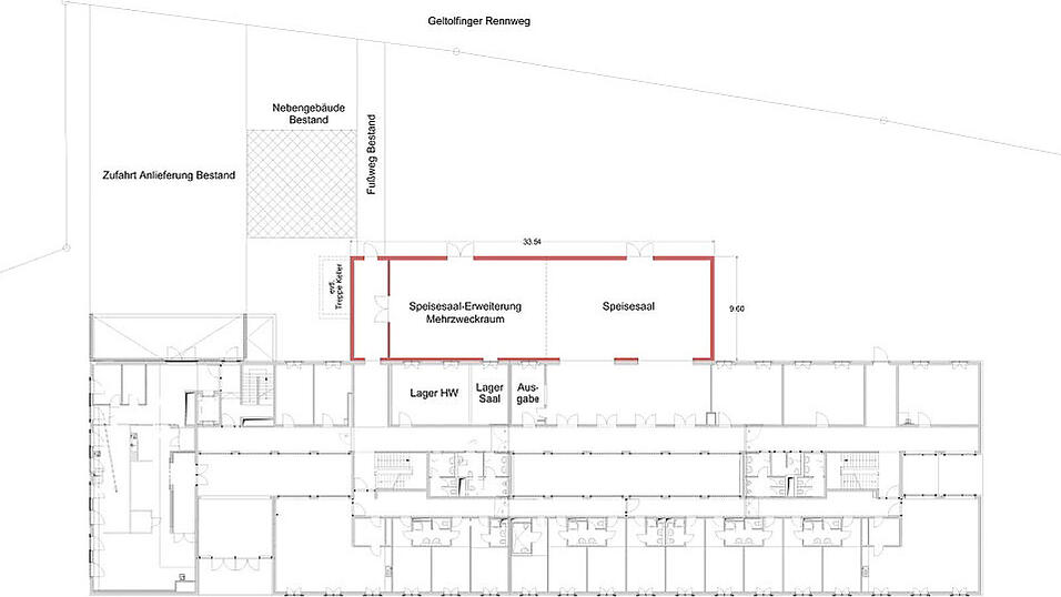 Der Speisesaal mit seiner Erweiterung und den Nebenr&auml;umen.