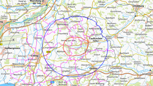 Im Landkreis Erding ist die Newcastle-Krankheit ausgebrochen. Der &auml;u&szlig;ere Kreis gibt die &Uuml;berwachungszone an, w&auml;hrend der innere Kreis die Schutzzone zeigt.