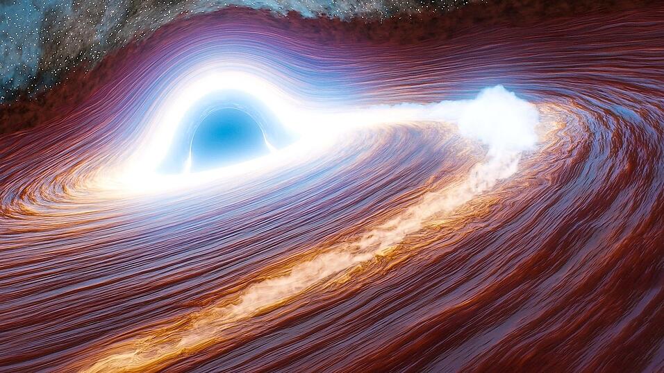 Diese vom California Institute of Technology zur Verf&uuml;gung gestellte Illustration zeigt ein supermassereiches Schwarzes Loch, das einen gro&szlig;en Stern in St&uuml;cke rei&szlig;t, was zu einer hellen Eruption f&uuml;hrt.