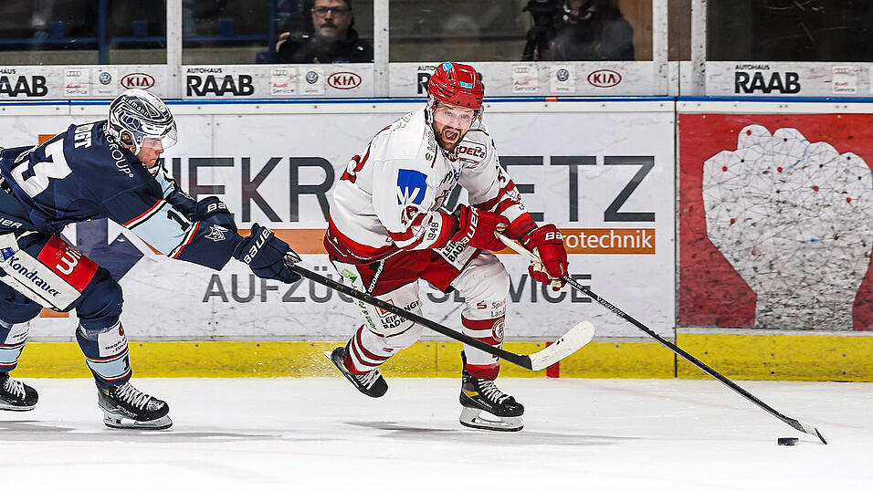 Der EV Landshut um Verteidiger Wade Bergman (an der Scheibe) hat die M&ouml;glichkeit vergeben, sich tabellarisch von Weiden abzusetzen. Stattdessen k&auml;mpften die Gastgeber um jeden Zentimeter Eis, behielten die drei Punkte und bleiben am EVL dran.