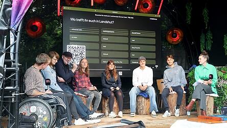 Matthias Keck (von links), Mascha Buchwald, Alexander Putz, Moritz Meinert, Gloria Brandl Simons, Valentin Weber, Jeremy Hüttner und Laura Mies diskutierten am Samstagnachmittag im Sandora-Garten.