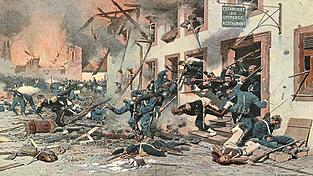 Der Beginn der Schlacht von Sedan am 1. September 1870 mit dem Angriff der bayerischen Infanterie auf das Dorf Bazeilles. Der Beginn der Schlacht von Sedan am 1. September 1870 mit dem Angriff der bayerischen Infanterie auf das Dorf Bazeilles.