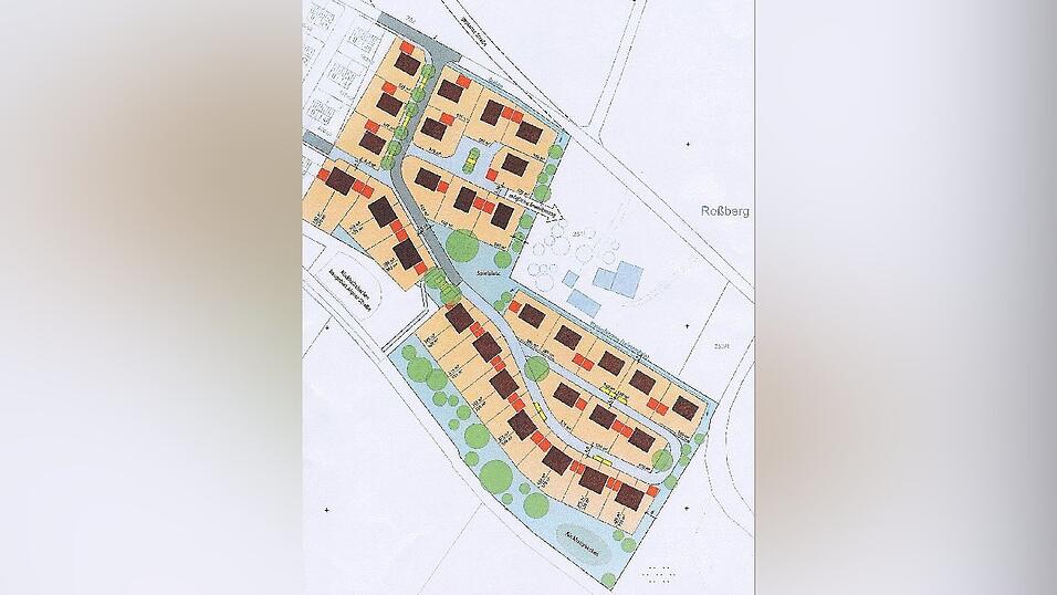 Insgesamt 39 Parzellen umfasst die von Franz Pezold vorgestellte Planungsgrundlage für das neue Baugebiet 'Roßberg'. Oben links schließt sich das Wohngebiet Aigner Straße an. Insgesamt 39 Parzellen umfasst die von Franz Pezold vorgestellte Planungsgrundlage für das neue Baugebiet 'Roßberg'. Oben links schließt sich das Wohngebiet Aigner Straße an.