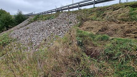 Die B&ouml;schung neben der Staatsstra&szlig;e 2083 muss bei Reisbach auf etwa 60 Metern saniert werden, weil sie immer wieder abgerutscht ist.
