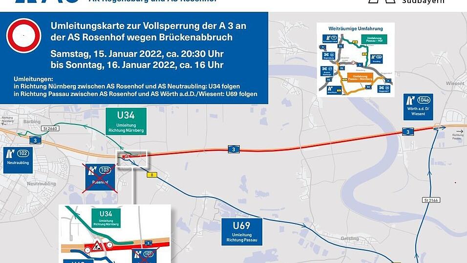 Das ist die Umleitungskarte zur Vollsperrung der A3 an der Ausfahrt Rosenhof wegen Br&uuml;ckenabbruch.