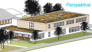 Dort, wo momentan noch die alte Turnhalle steht, ist der Erweiterungsbau geplant.