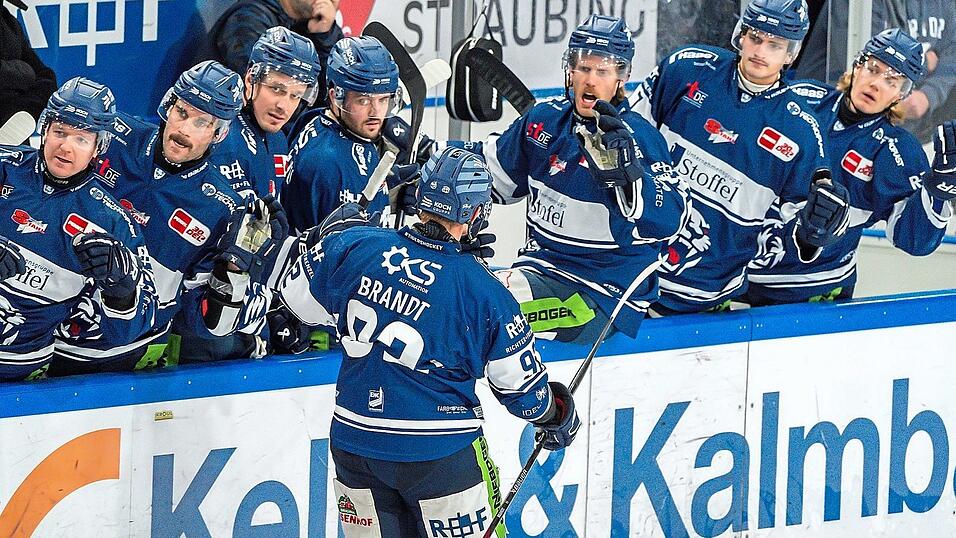 Lass' dich feiern: Die Mannschaftskollegen auf der Bank begl&uuml;ckw&uuml;nschen Straubings Verteidiger Marcel Brandt, der am zur&uuml;ckliegenden Wochenende in zwei Spielen f&uuml;nf Treffer erzielte.