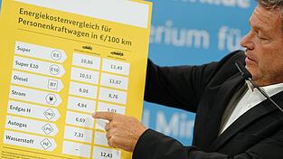Beim von Robert Habeck gezeigten Vergleich schneidet das Elektroauto mit 4,84 Euro sehr gut ab - die Berechnung seines Hauses wirkt allerdings sonderbar. Beim von Robert Habeck gezeigten Vergleich schneidet das Elektroauto mit 4,84 Euro sehr gut ab - die Berechnung seines Hauses wirkt allerdings sonderbar.