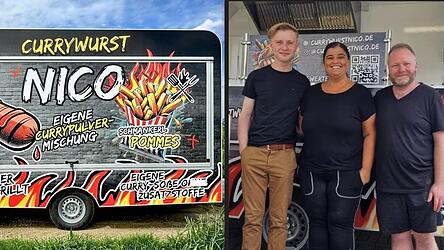 Familiensache: 'Currywurst-Nico' Nicolas Roth mit seinen Eltern Andreas und Eva. Der Imbisswagen (li.) ist mit der Pop-Art-Folierung ein echter Hingucker.