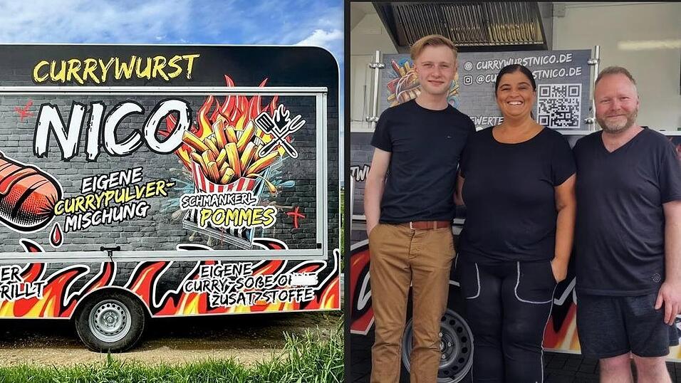 Familiensache: 'Currywurst-Nico' Nicolas Roth mit seinen Eltern Andreas und Eva. Der Imbisswagen (li.) ist mit der Pop-Art-Folierung ein echter Hingucker. Familiensache: 'Currywurst-Nico' Nicolas Roth mit seinen Eltern Andreas und Eva. Der Imbisswagen (li.) ist mit der Pop-Art-Folierung ein echter Hingucker.